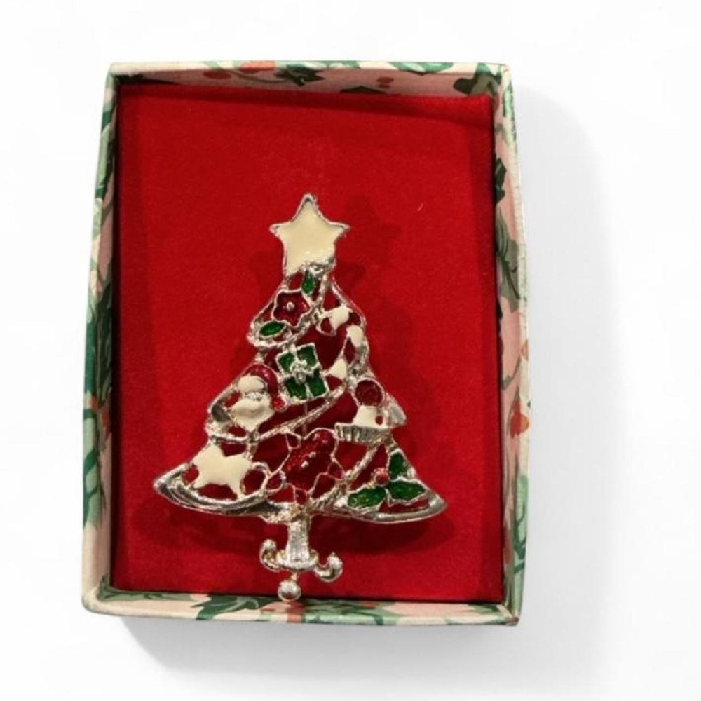 Vintage Christmas Tree Brooch Unisex OS Silver Red Green Enamel Holiday Pin